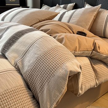 Autumn and Winter Class a Simple Cotton Brushed Bed Four-Piece Set Pure Cotton Thickeneded Yarn-Dyed Jacquard Quilt Cover Bed Sheetss and Fitted Bed Sheetss