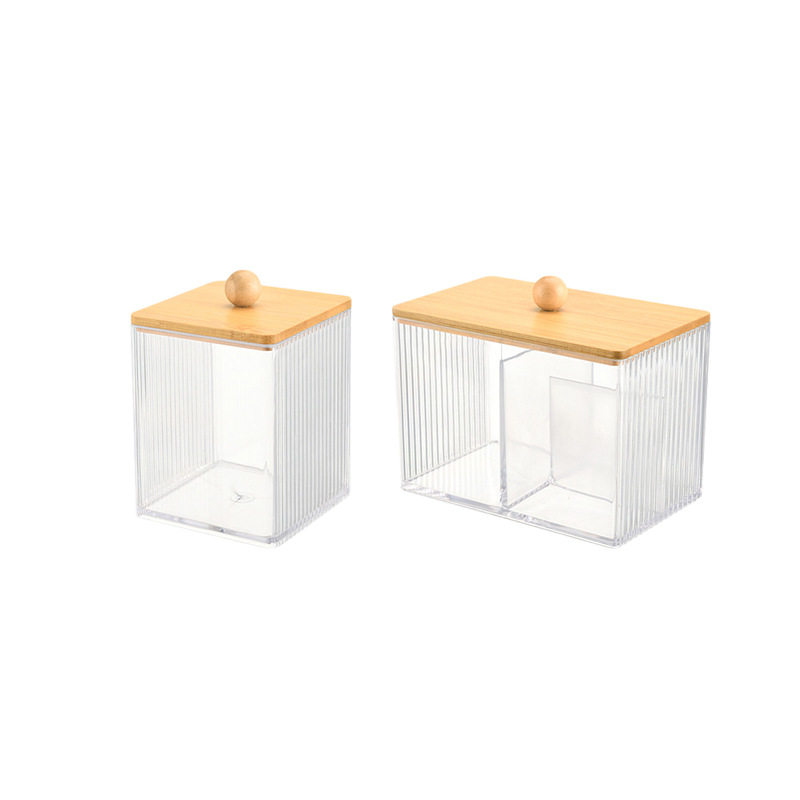 Wave Pattern Square Storage Box Desktop Compartment Storage Box Bamboo Cover Dust-Proof High-Transparency Cotton Swab Storage Box