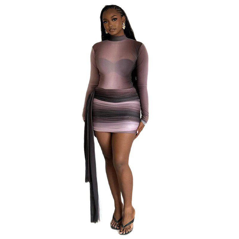 Gradient Color Block Bodycon Dress Breathable Fabric Long Sleeves Stand Collar Casual or Evening Wear Wholesale