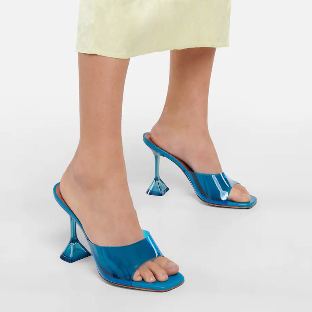 Factory wholesale transparent crystal heel slippers women's summer new amina fashion wine cup heel square toe fashion sandals