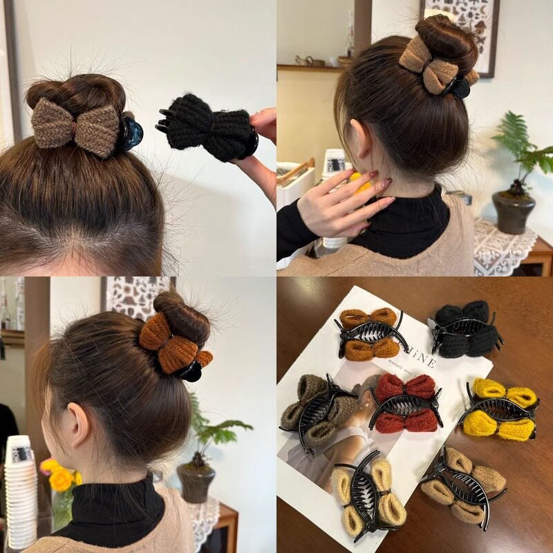 Knitted Bow Grab Clip Women's Autumn and Winter Ball Hair Clip Headwear 2024 New Back of Head Disc Hair Fixing Hairpin