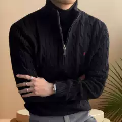 Cross-Border Qr Code Scannable Rl Ralph Lauren Logo Men's Autumn and Winter Cable Knit Half-Zip Couple's Sweater Women's Embroidered Knitwear