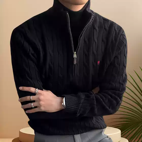 Cross-Border Qr Code Scannable Rl Ralph Lauren Logo Men's Autumn and Winter Cable Knit Half-Zip Couple's Sweater Women's Embroidered Knitwear