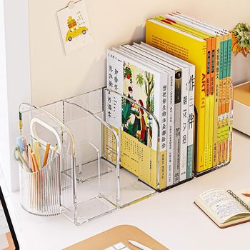 Desktop Book Stand Transparent Acrylic Bookshelf Student Book Desk Storage Rack Office File Storage Rack Pen Holder