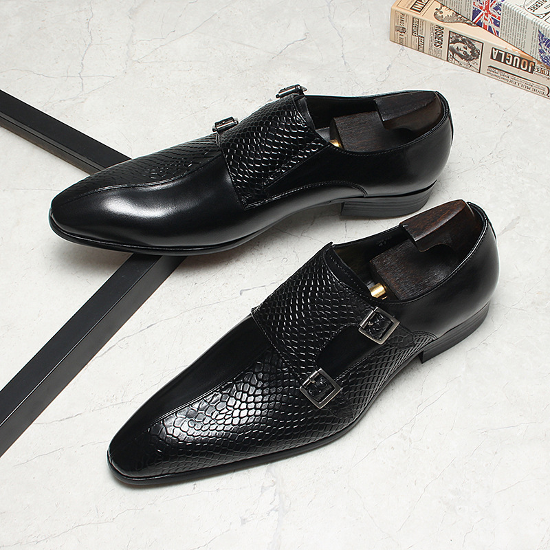 Giày da nam monk strap khóa đôi mũi nhọn da bò thật — màu đen, Màu đỏ rượu