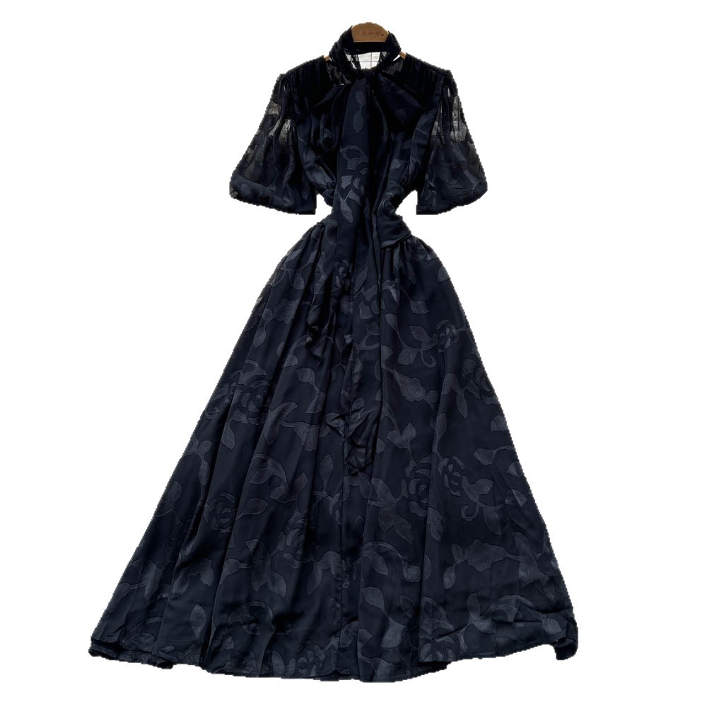 French Style Lantern Sleeve Dress Bow Tie Waist Defined Floral Mesh Elegant and Flowing Perfect for Parties and