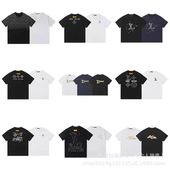 Cross-Border [High Quality] Lv-Style Printed Embroidered Letter Round-Neck Fashion Short-Sleeve Loose-Fitting Couple's Casual T-Shirt