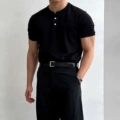 Combed cotton henley neck t-shirt black