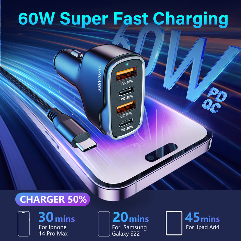 Amazon 60W Car Charger Fast Charging Dual Pd30W+Qc3.018W Car Charger USB Factory Direct Supply