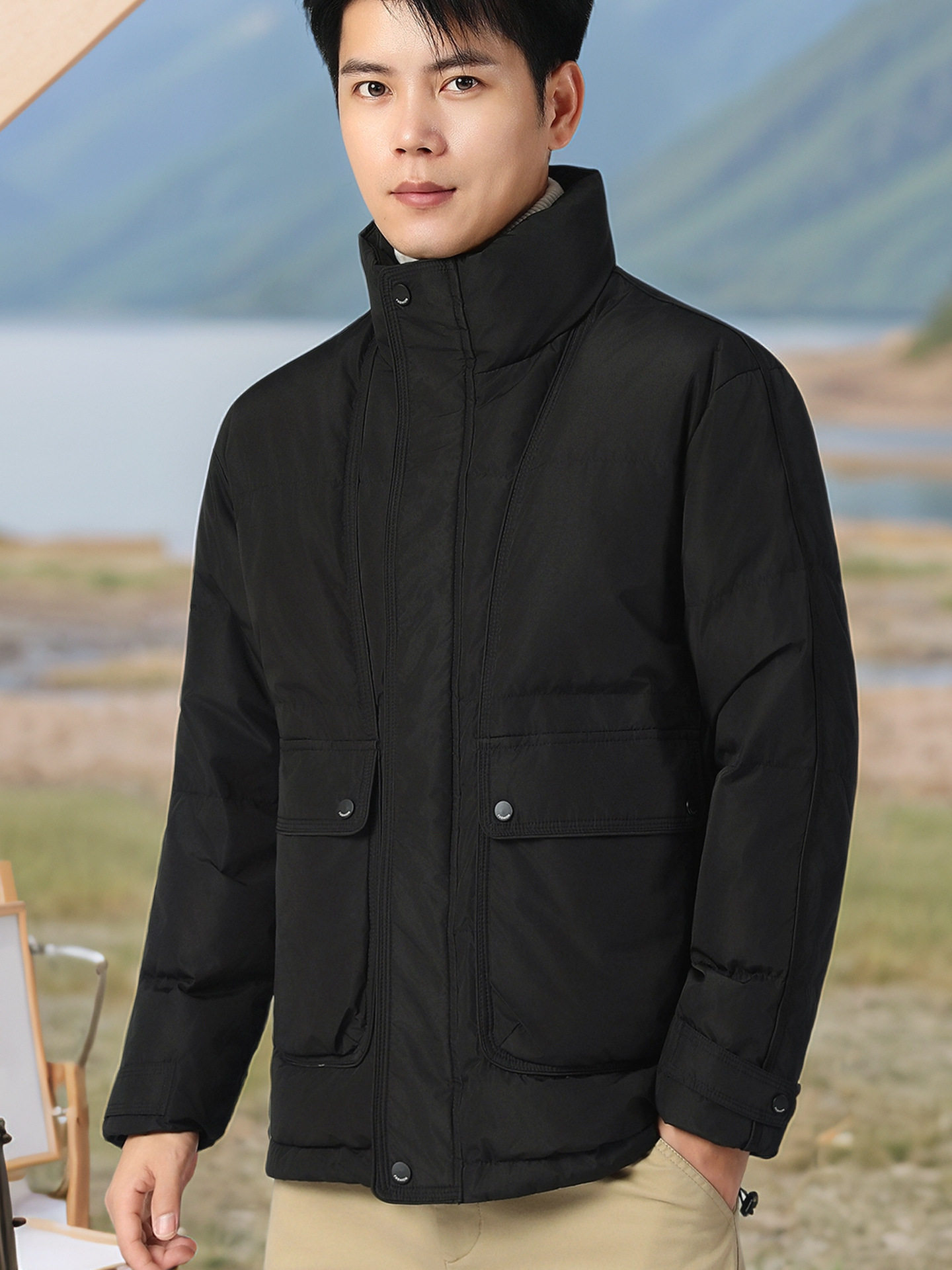 Dropshipping Short down Jacket for Men, Winter Stand Collar with Large Pockets, White Duck Down, Windproof and Warm Coat G181