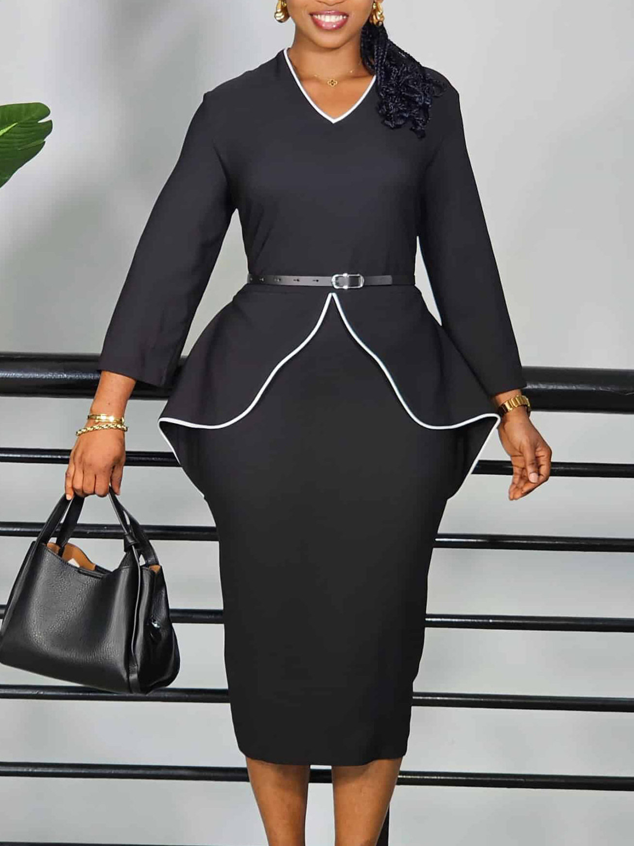 women's winter new professional ruffled long-sleeved dress, elegant pencil