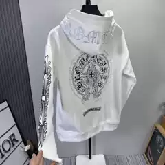 New Style Pearl Embroidery Trendy Brand Chrome Hearts Cross Print Sanskrit Horseshoe Hooded Loose Sweatshirt Unisex Regular Fit