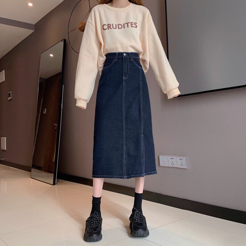 Vintage High Waisted A Line Denim Skirt Slim Fit Mid Length Side Slit Summer Casual Wear Wholesale Available