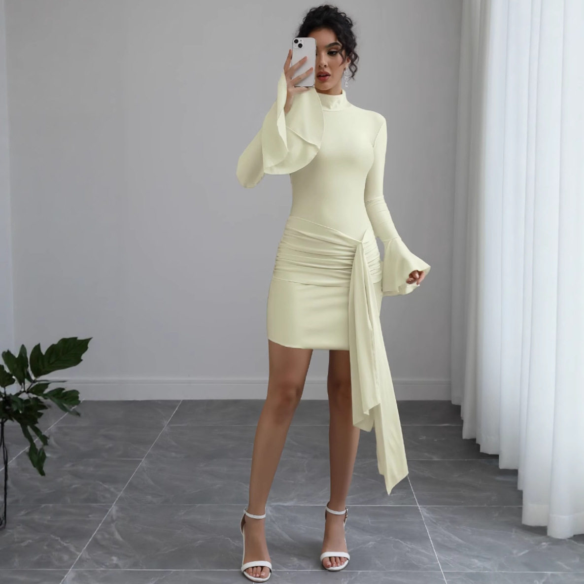 Fashionable Solid Color Bodycon Dress High Neck Flared Sleeves Slim Fit Casual or Evening Wear Wholesale Available