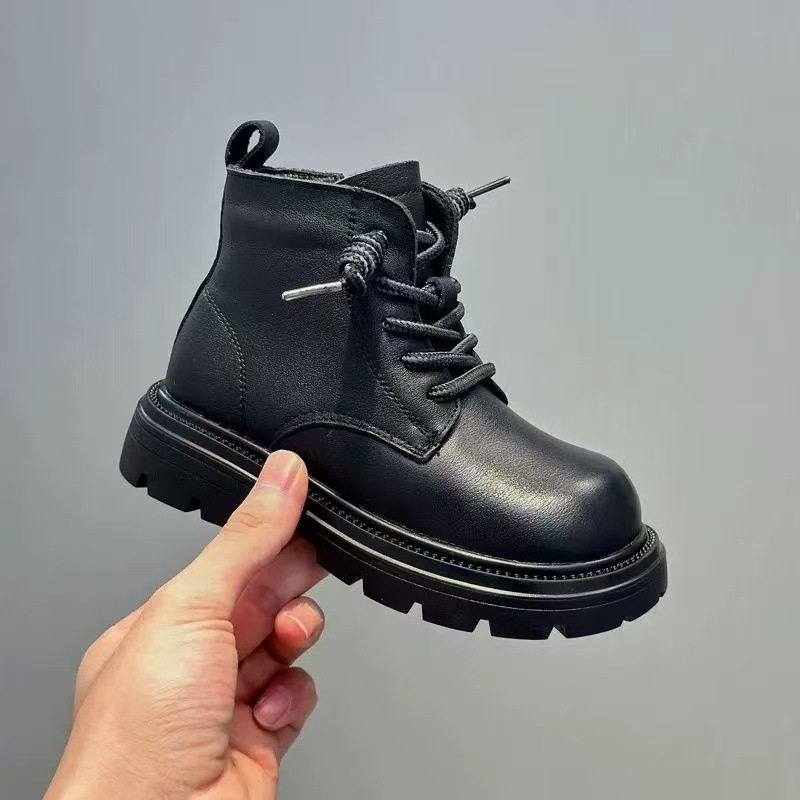 First-Layer Cowhide Versatile Boots 2025 Autumn and Winter New Style British Style Fashion Short Boots for Boys and Girls Low-Cut Cotton Boots