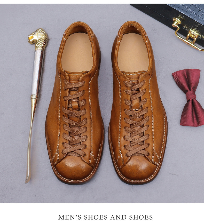 Giày da nam cổ thấp buộc dây dài kiểu boxer cổ điển, mũi tròn, đế khâu Goodyear — màu đen, Màu caramel
