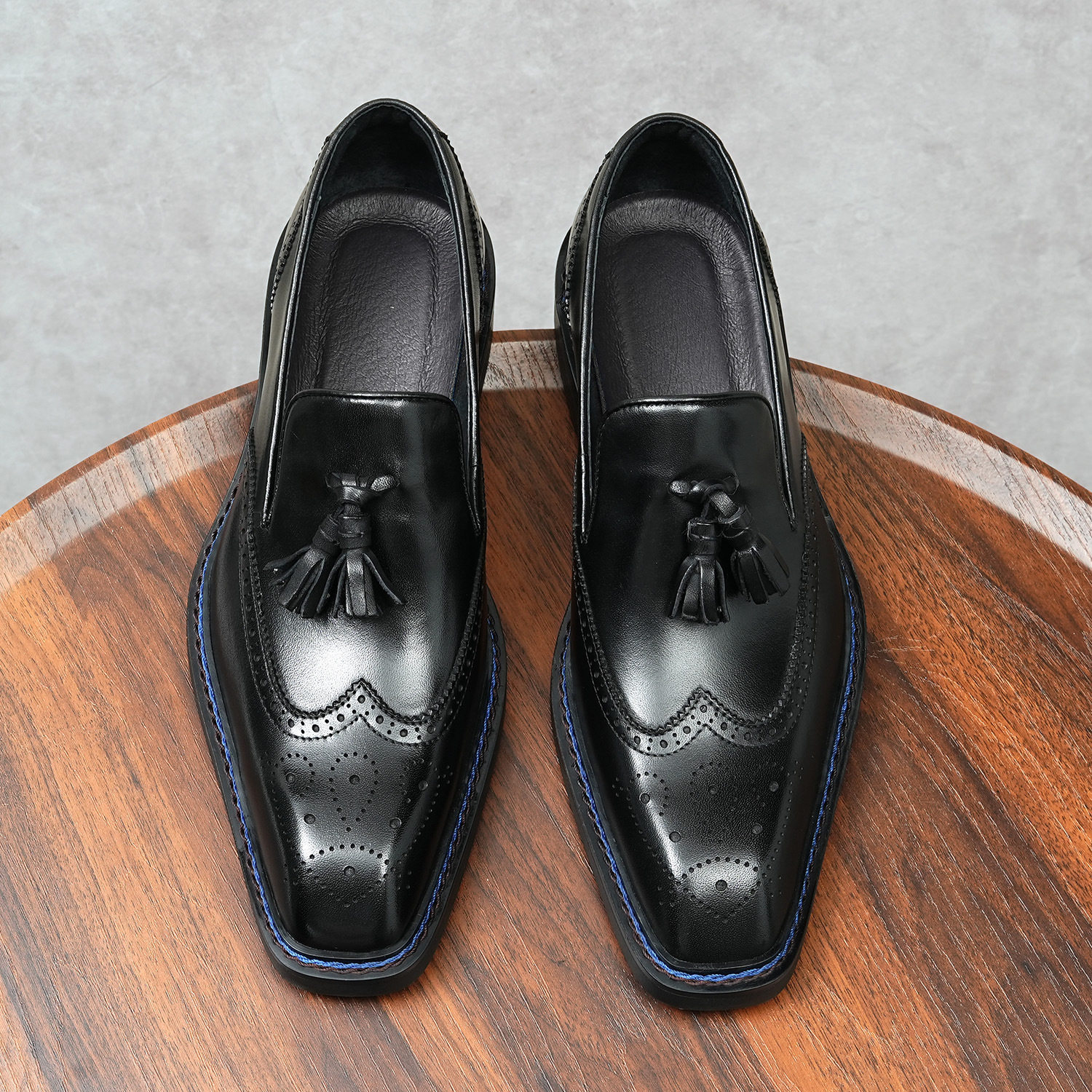 Giày Lười Nam Da Bò Brogue Có Tua Rua Chiều Cao Đế Khoảng 3cm Màu Đen, Nâu