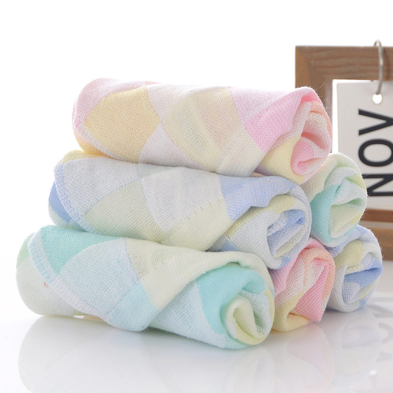 Back-To-School Season Pure Cotton Square Towel Gauze Small Towel Kidsren's Gauze Saliva Towel Kindergarten Handkerchief Color Grids Hand Towel