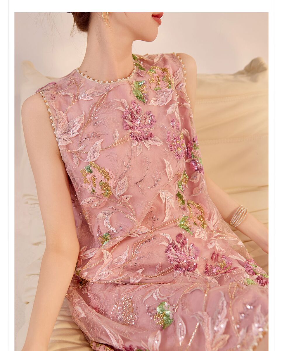 Đầm liền thêu cao cấp không tay dáng chữ A phối sequin lấp lánh — Bột Begonia (giao hàng trong 7 ngày), Bột Begonia (phát hành trong cùng ngày)