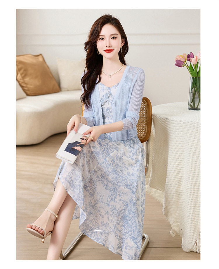 Set Áo Khoác Cardigan Dệt Kim Và Đầm Hai Dây Xòe Họa Tiết Hoa Phong Cách Thanh Lịch Màu Hồng, Xanh chi tiết 24