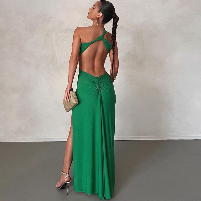 Sleeveless Asymmetrical Dress Solid Color Sexy Backless Long Length Ruched Design Side Slit Evening Gown for