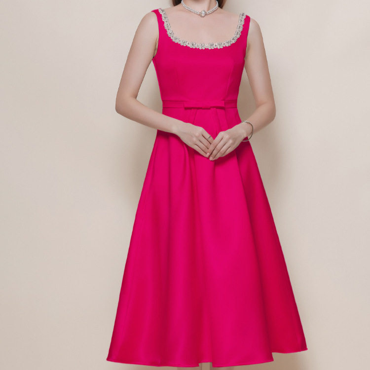 Elegant French Style Beaded Square Neck Sleeveless Dress High End Fit and Flare Waist Defining Slimming Perfect for