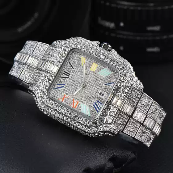 2024 New Men's Watch Square Fashion Trend Full Diamond Watch Three Pointer Quartz Watch Manufacturer Wholesale