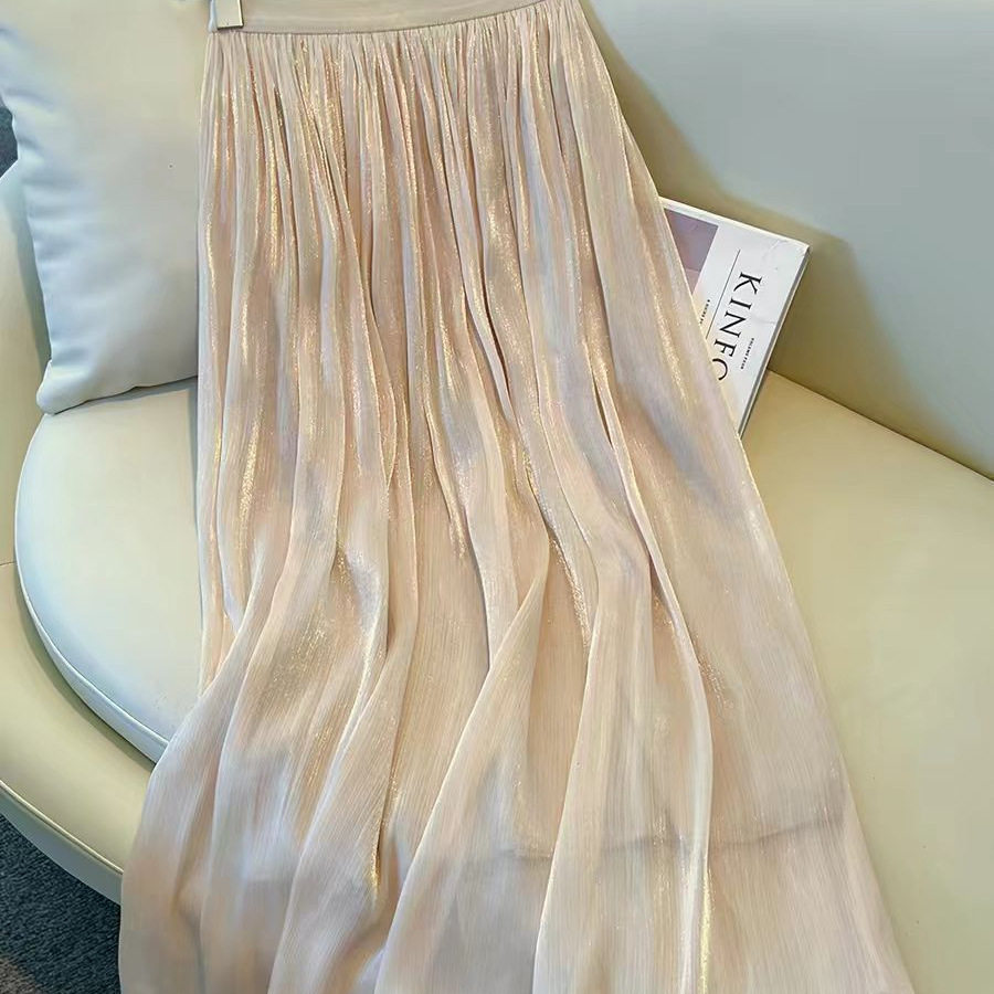 A Line Pleated Skirt Flattering Fit Lightweight Fabric Versatile Beige Color Spring Summer Fashion Wholesale