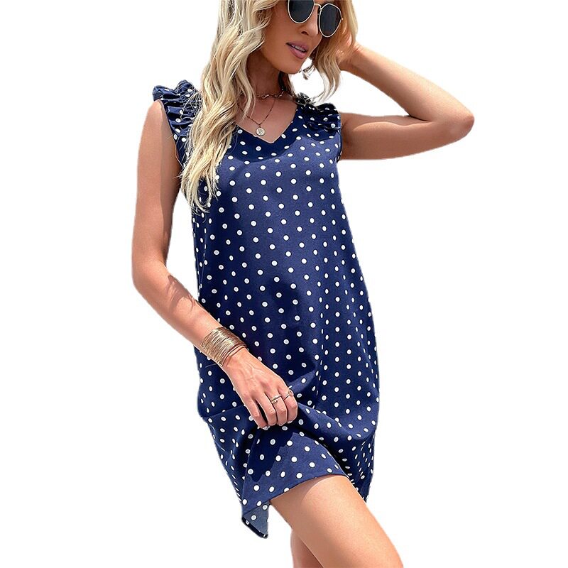 Summer Womens Dress Ruffle Trim Polka Dot Sleeveless Casual Wear or Beach Outing Wholesale Available