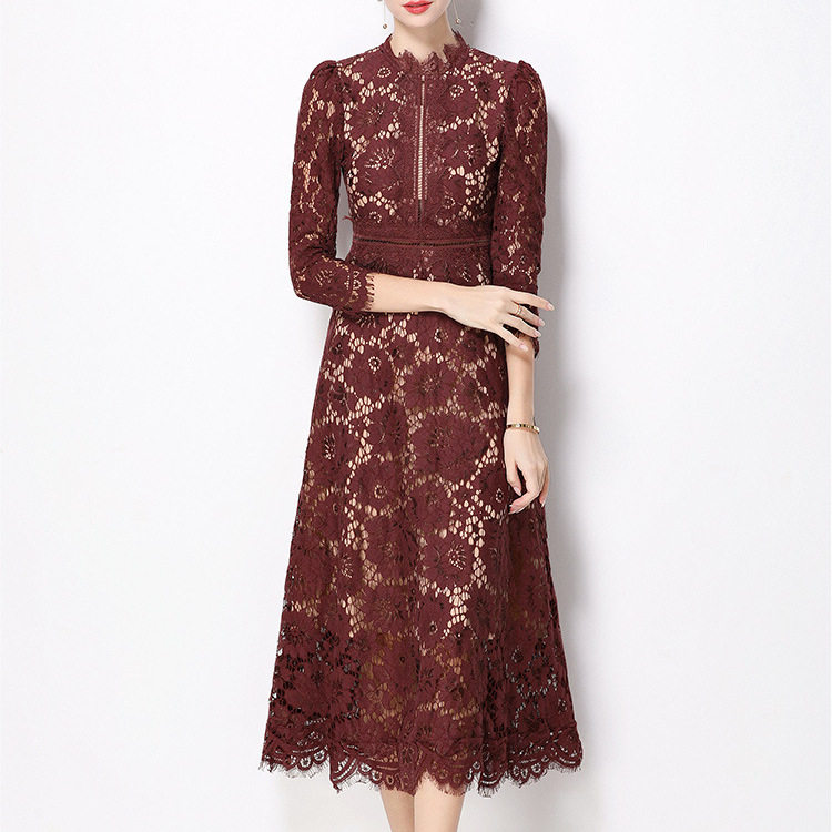 French Elegant A Line Dress Round Neck Hollow Lace Waist Defining Slim Fit Autumn Fashion for Special Occasions