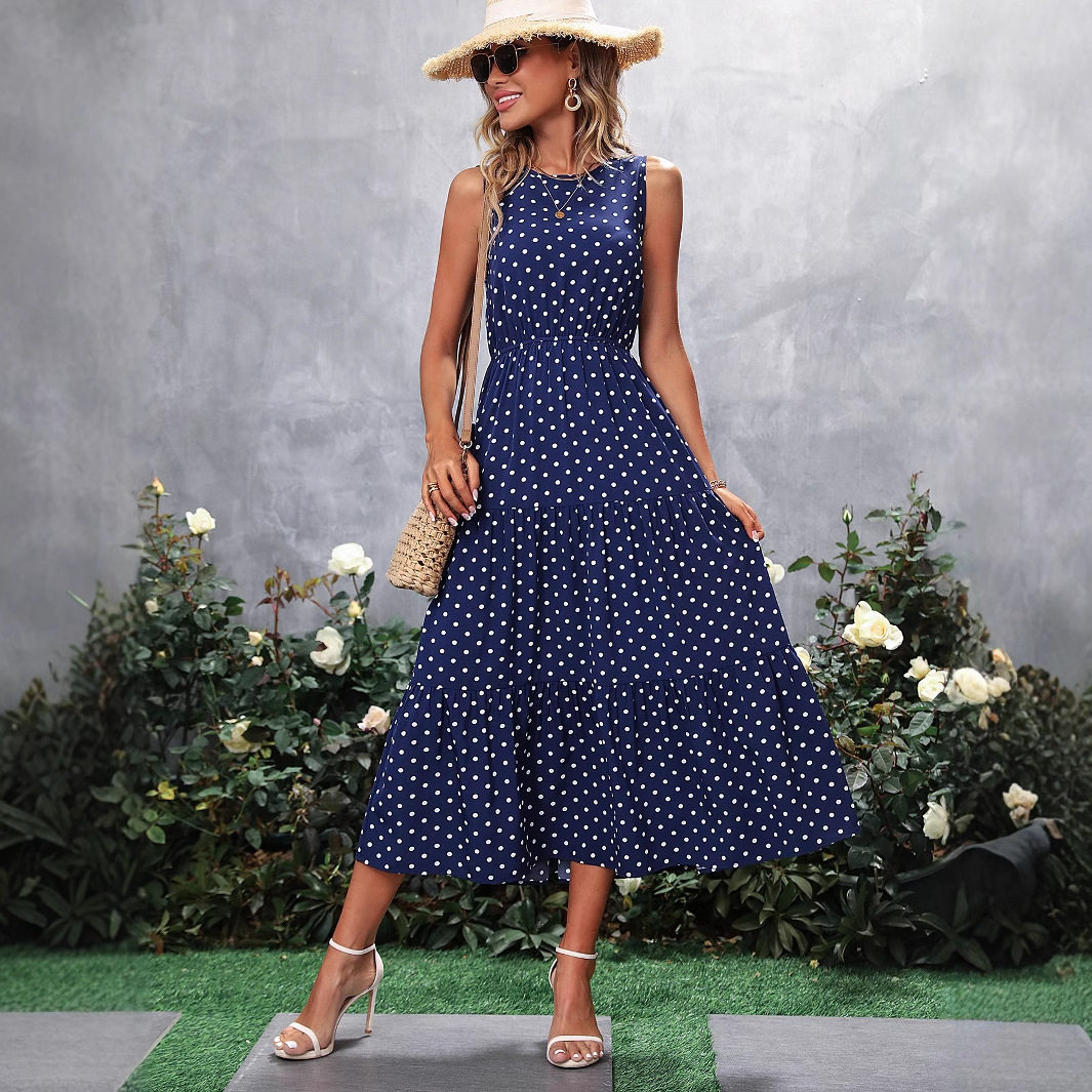 Casual Fashion Polka Dot Dress Round Neck Short Sleeve Comfortable Fabric Ideal for Summer Outings Wholesale