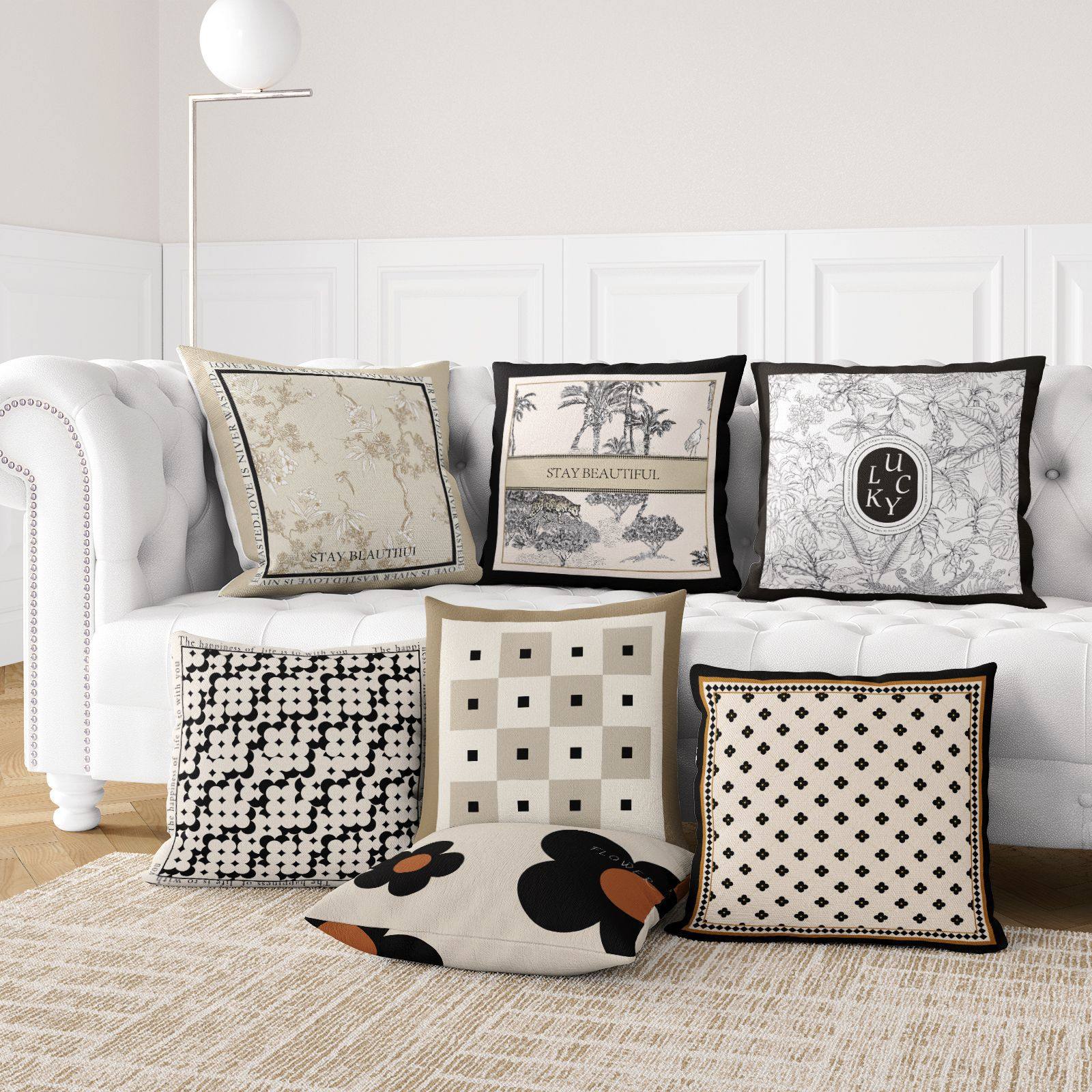 American Black and White Retro Pillow Case Geometric Furniture Sofa Bedside Car Office Waist Pillow Pillow Cushion Cover