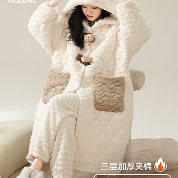 Pajamas for Women Winter Autumn and Winter Three-Layer Quilted Coral Velvet Nightgown Fleece-Lined Thickeneded Warm Home Clothes 2025 New Style