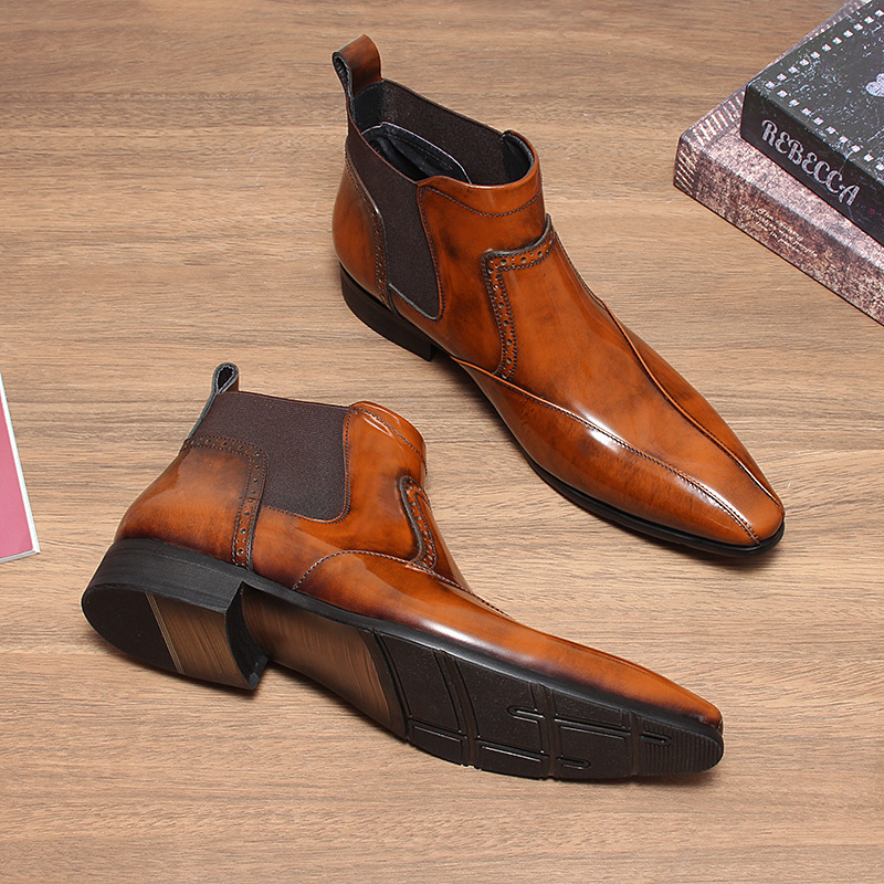 Giày Chelsea boot nam da bò mũi nhọn, cổ vừa, đế cao su — Màu đen, Màu vàng nâu