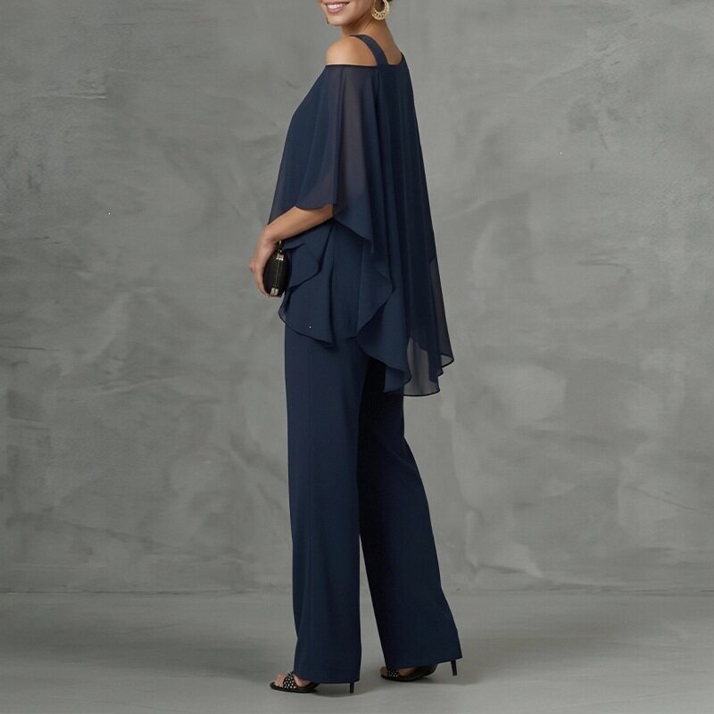 Womens Summer Outfit Set Stylish Solid Color Asymmetrical Neckline Batwing Sleeve Straight Pants Casual Wear