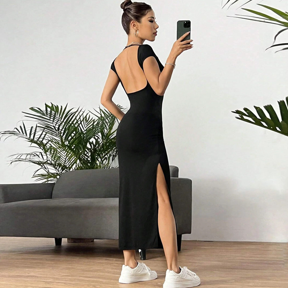 Elegant Sleeveless Knit Dress Backless Side Slit Mid Length Summer Fashion for Women Wholesale Available