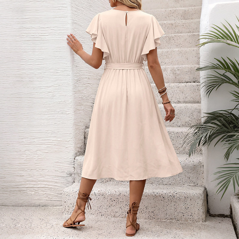 Casual Solid Color A Line Dress Flutter Sleeves Round Neck Tie Waist Perfect for Vacation or Summer Events OEM