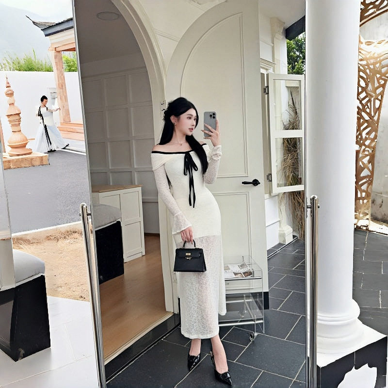 Off Shoulder Dress French Style Romantic Atmosphere Flared Sleeves Color Block Waist Defining Perfect for Evening
