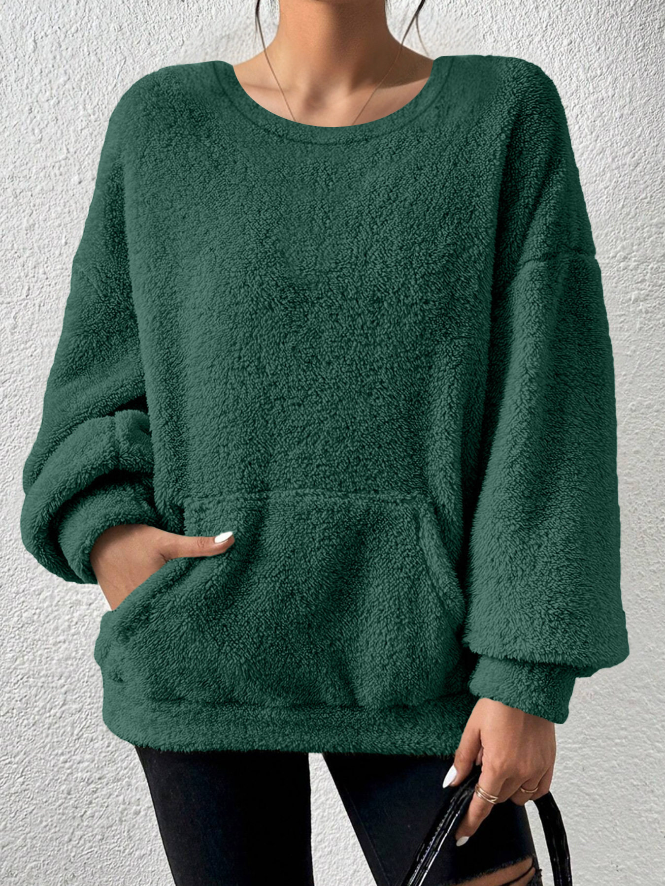 Casual Sweatshirt Solid Color Round Neck Long Sleeve Pocket Design Autumn Winter Fashion Wholesale Available