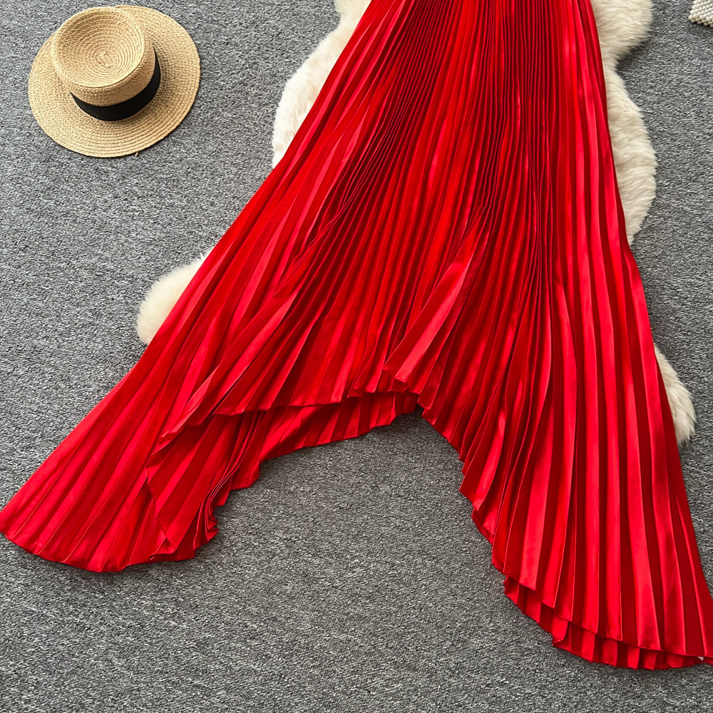 Red Halter Neck Irregular Dress High Waist Pleated Sleeveless A Line Vacation Style Wholesale Available