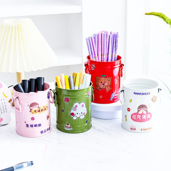 Iron Pen Holder student large capacity desktop stationery storage bucket home makeup brush storage decoration bucket color iron bucket