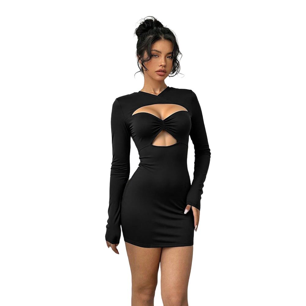 Y2K Party Dress Sexy Hollow Out Long Sleeve Bodycon Fit Solid Color Spring Summer Collection Ready to Ship