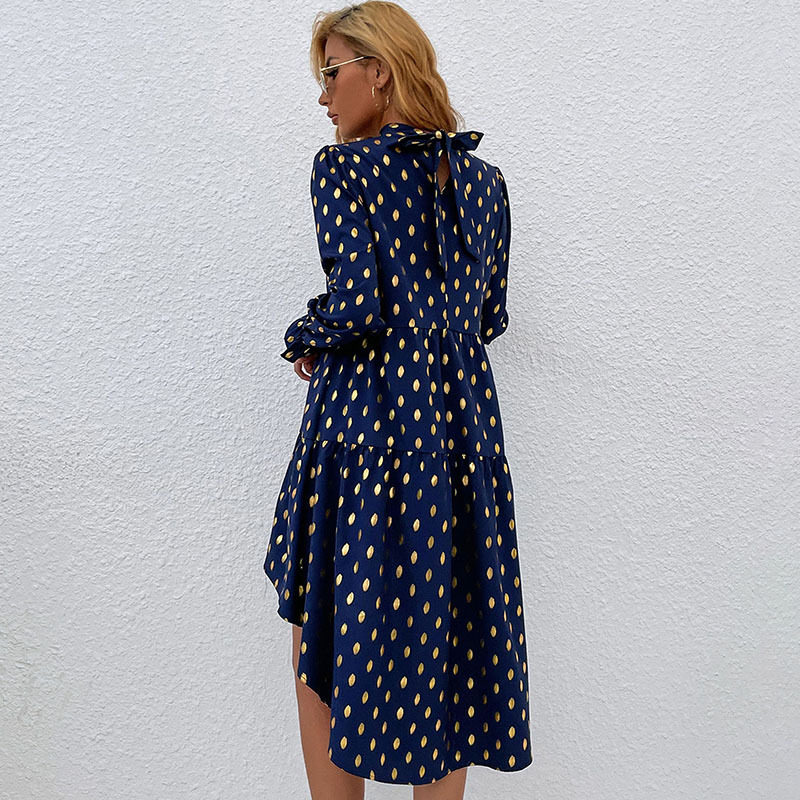 Polka Dot Midi Dress Gold Foil Print Loose Fit Half Turtleneck Casual Wear for Women Wholesale Available