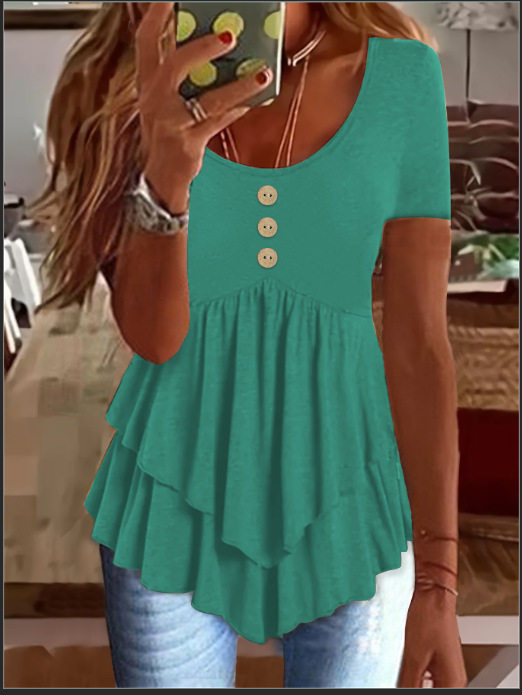 2025年新款亚马逊跨境欧美女装时尚三粒扣休闲纯色短袖连衣裙上衣