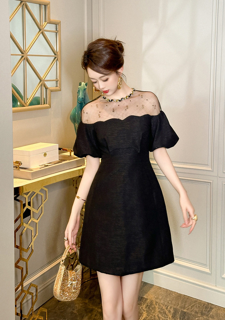 Đầm suông nữ midi tay phồng cổ tròn dáng chữ A — [Đen], [Trắng], [Xám], [Xanh dương] chi tiết 16