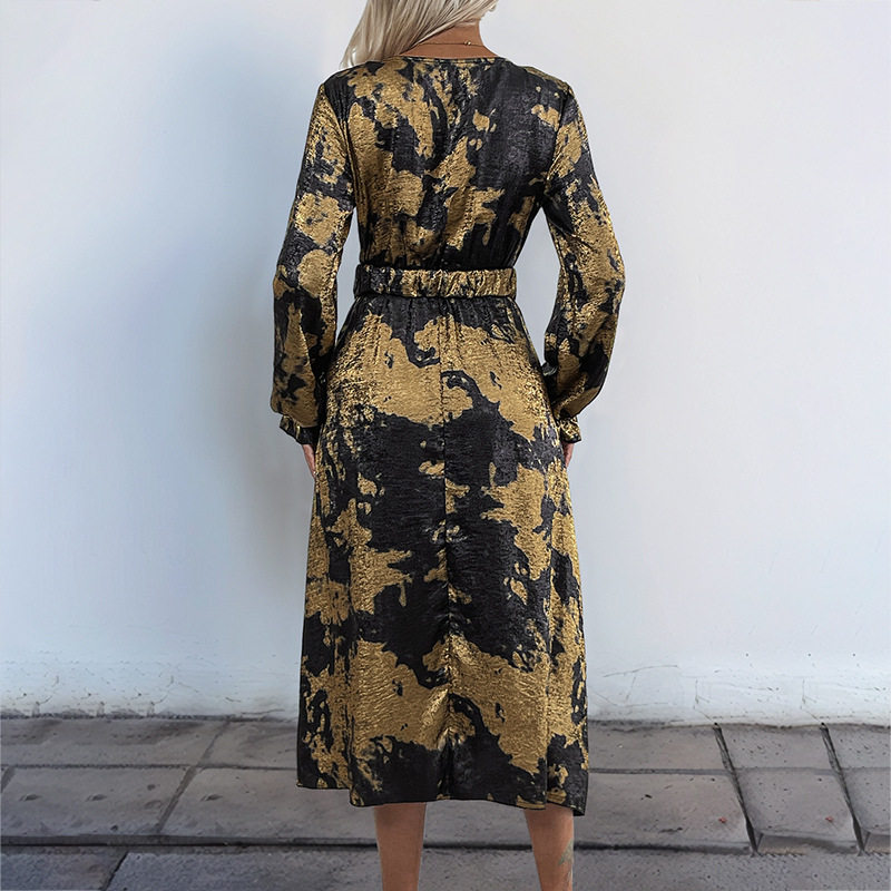 Vintage Party Dress V Neck Long Sleeve Gold Foil Detail Elegant Style for Special Occasions Wholesale Available