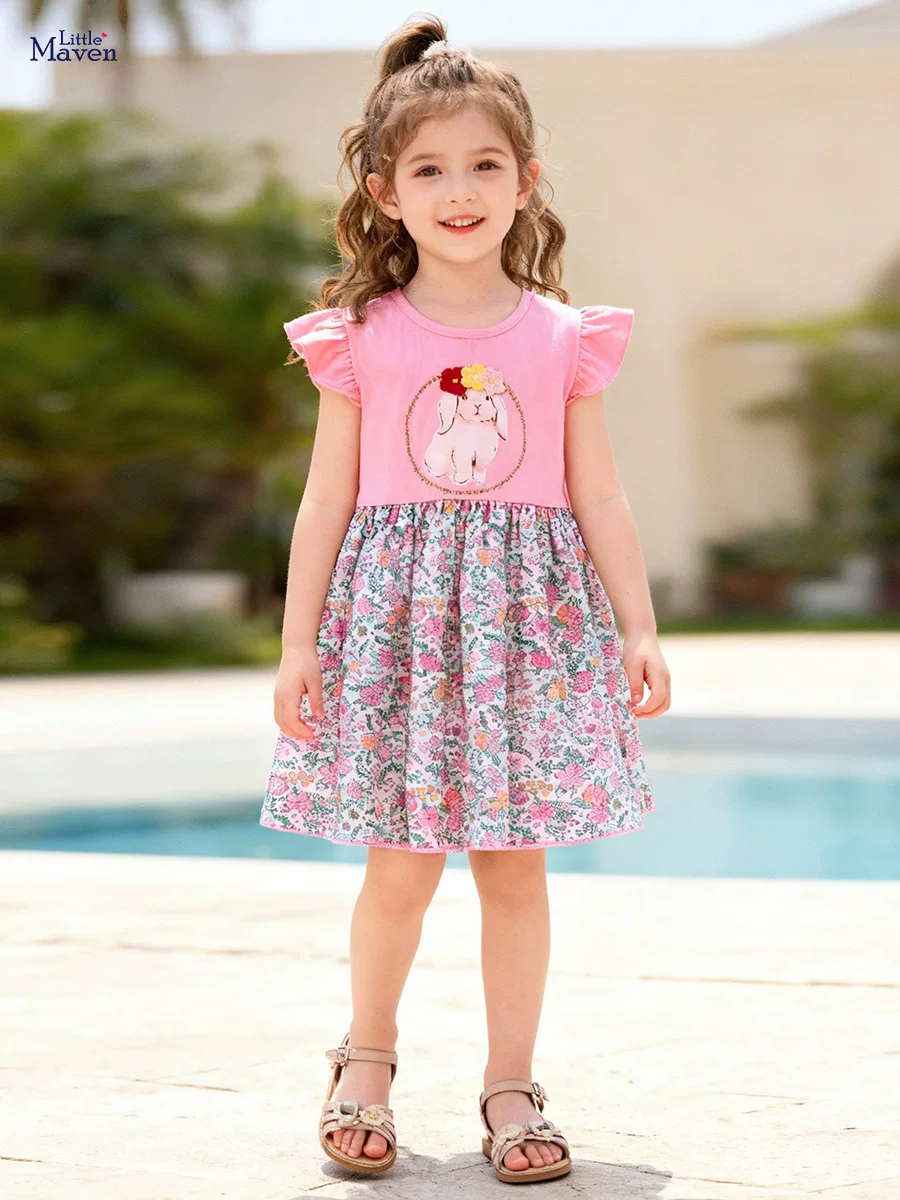 Summer Girls' Dress, Floral Cartoon Kids' Dress, Short-sleeve Breathable Kids' Skirt
