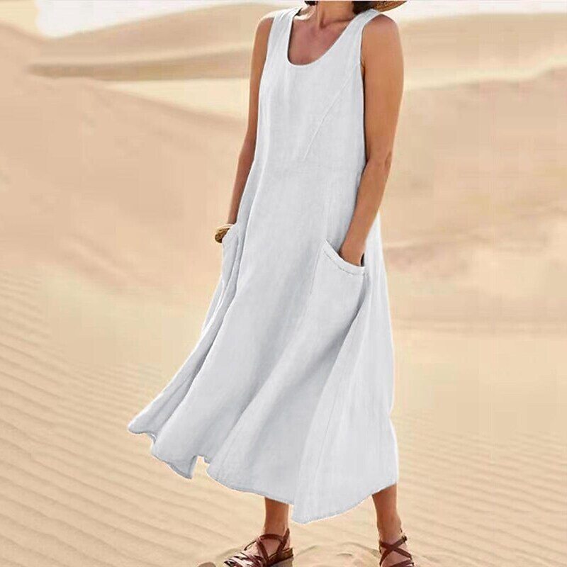 Summer Womens Cotton Linen Dress Sleeveless Round Neck Pocket Design Casual Wear for Everyday Use Wholesale