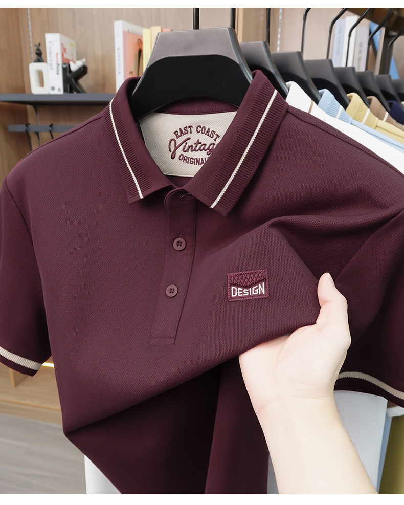 Áo polo nam tay ngắn cotton lưới co giãn thoáng khí chống nhăn — Màu đỏ táo tàu, màu đen, Mễ Hạnh, Xanh tím than