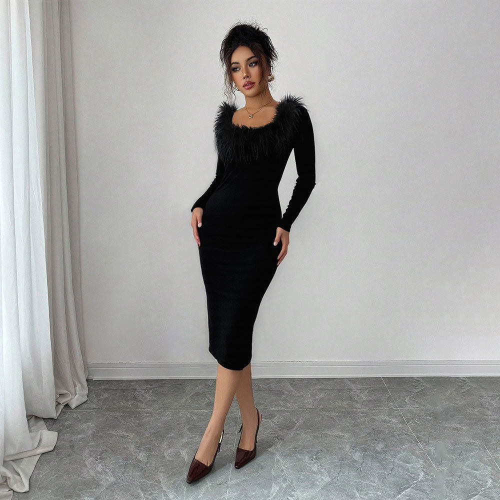 Black Plush Collar Long Dress for Women Slim Fit Side Split Elegant Style Perfect for Spring Summer Evening Events